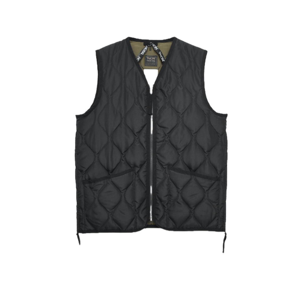 Military W-Zip V Neck Down Vest - Black