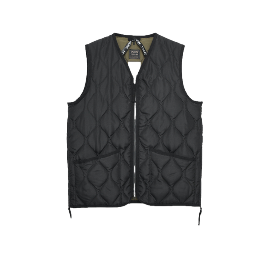 Military W-Zip V Neck Down Vest - Black