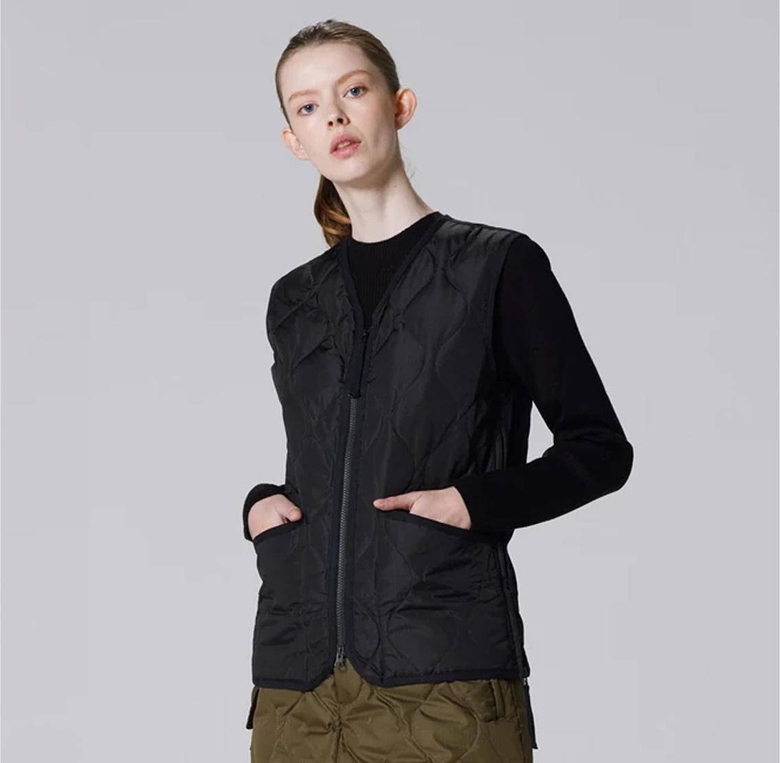 Military W-Zip V Neck Down Vest - Black
