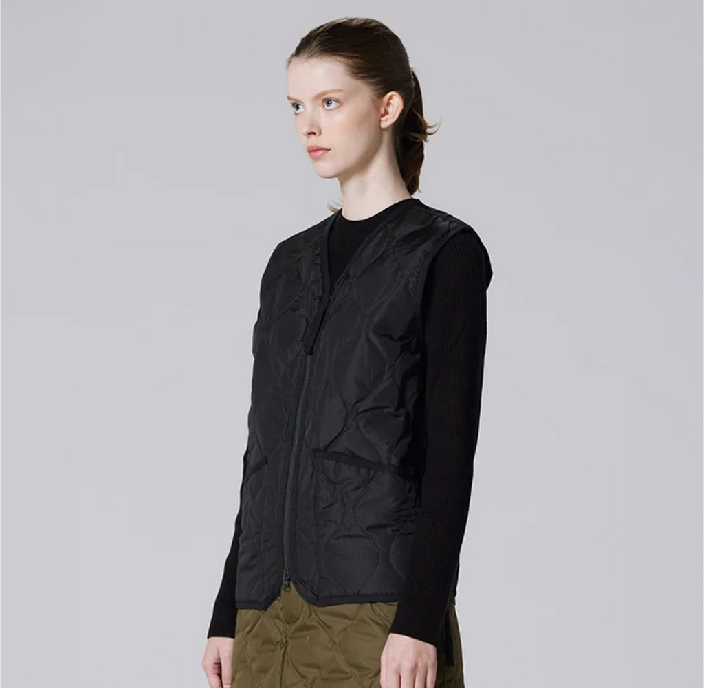 Military W-Zip V Neck Down Vest - Black