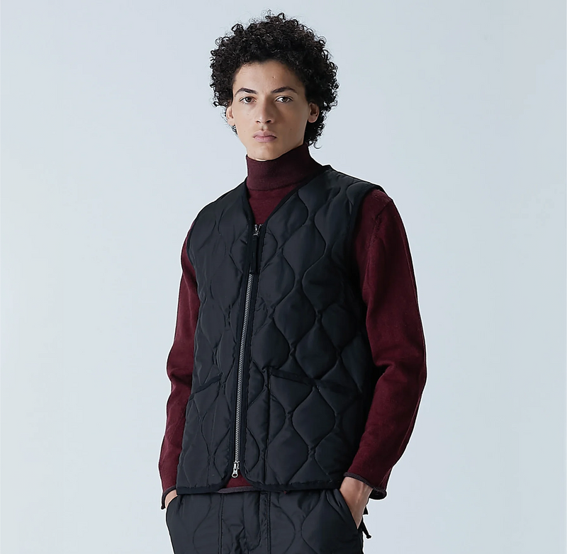 Military W-Zip V Neck Down Vest - Black