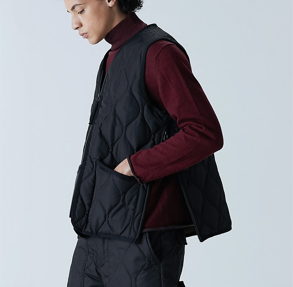 Military W-Zip V Neck Down Vest - Black