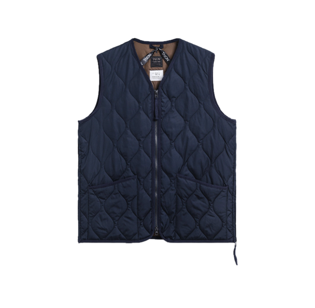 Military W-Zip V Neck Down Vest - Dark Navy