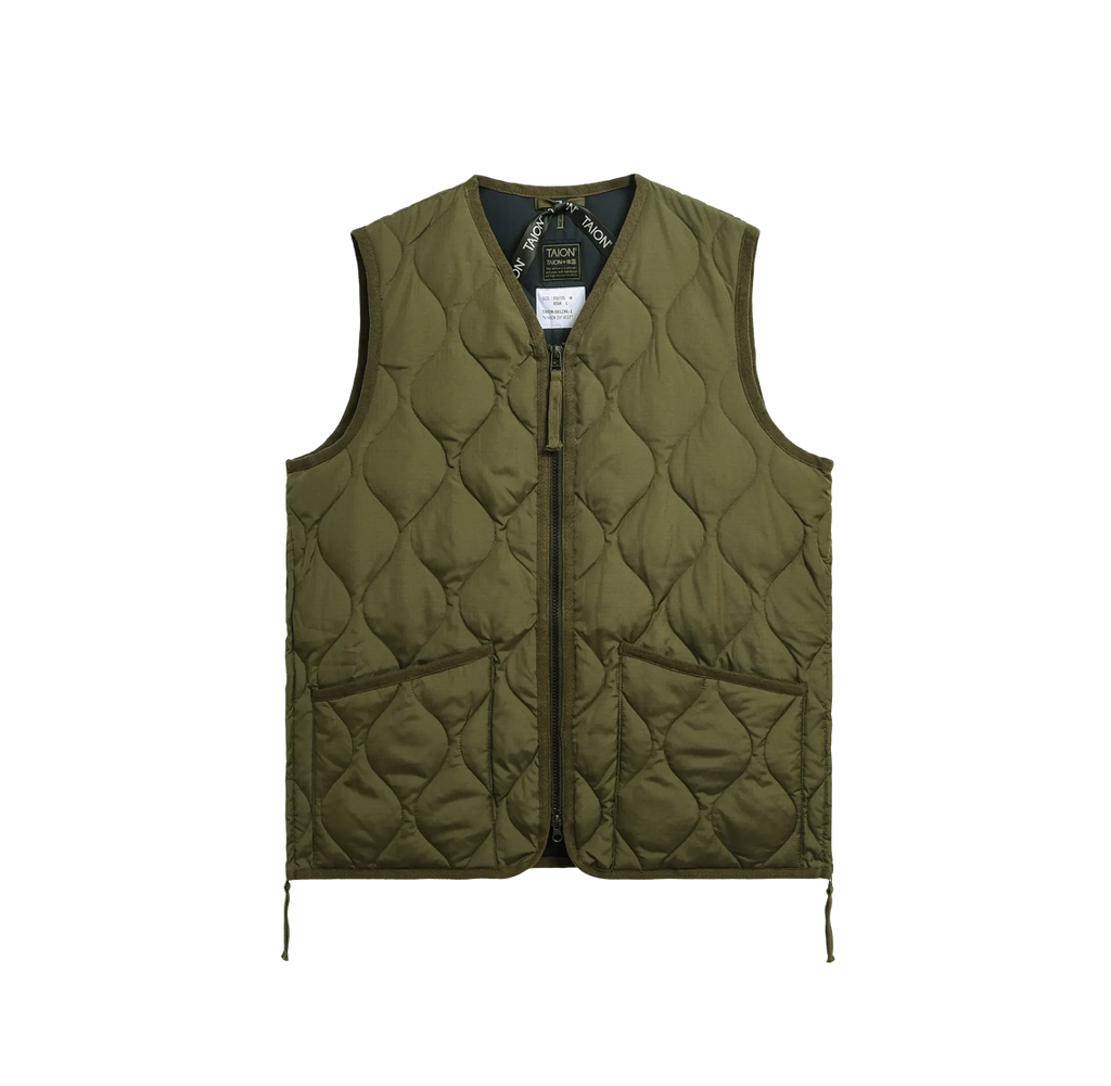 Military W-Zip V Neck Down Vest - Dark Olive