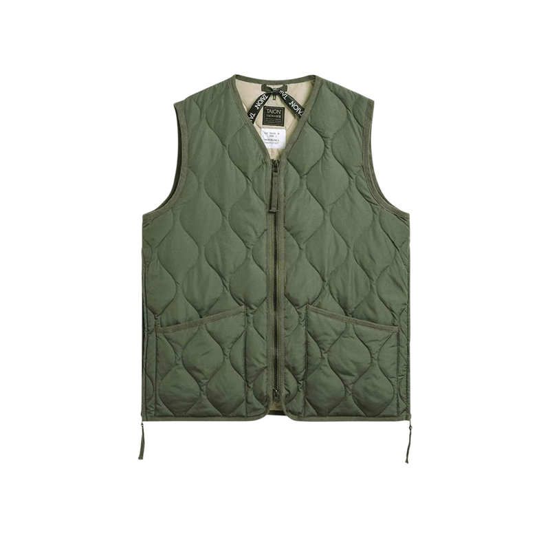 Military W-Zip V Neck Down Vest - Olive
