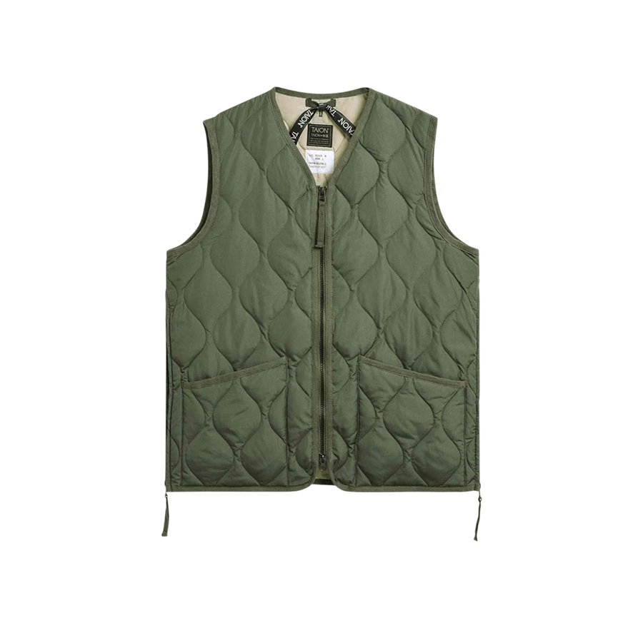 Military W-Zip V Neck Down Vest - Olive