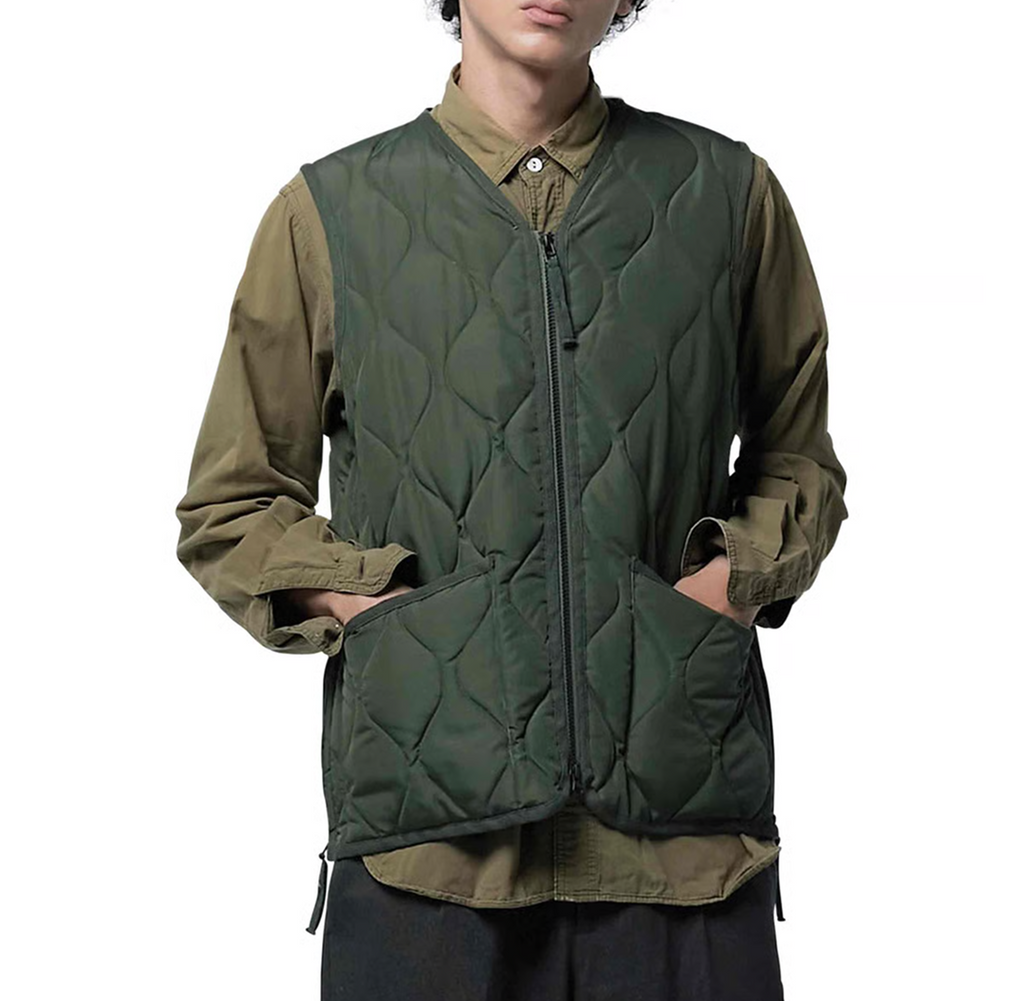 Military W-Zip V Neck Down Vest - Olive