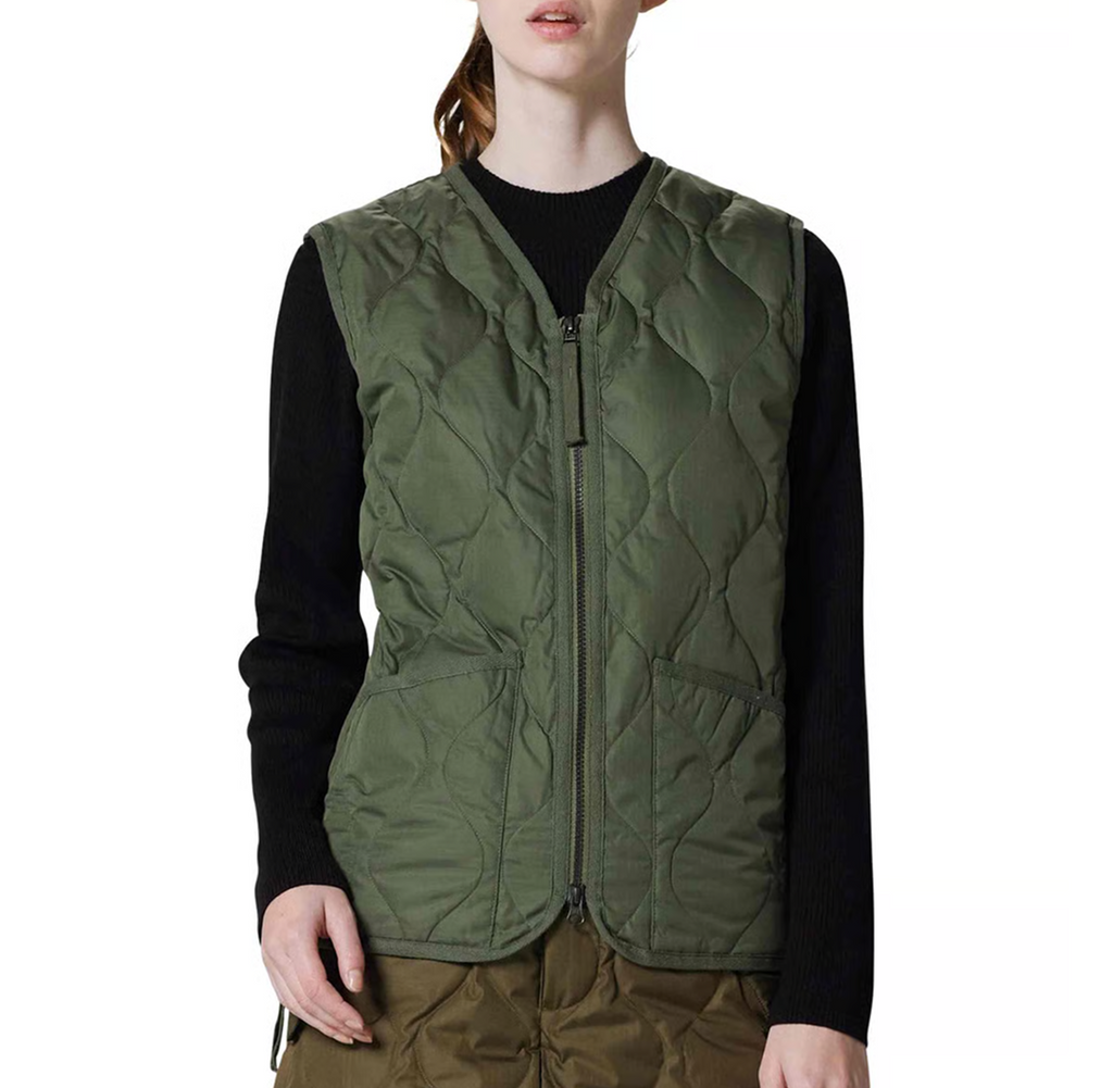Military W-Zip V Neck Down Vest - Olive
