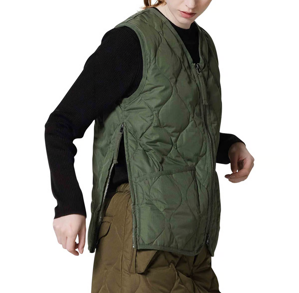 Military W-Zip V Neck Down Vest - Olive