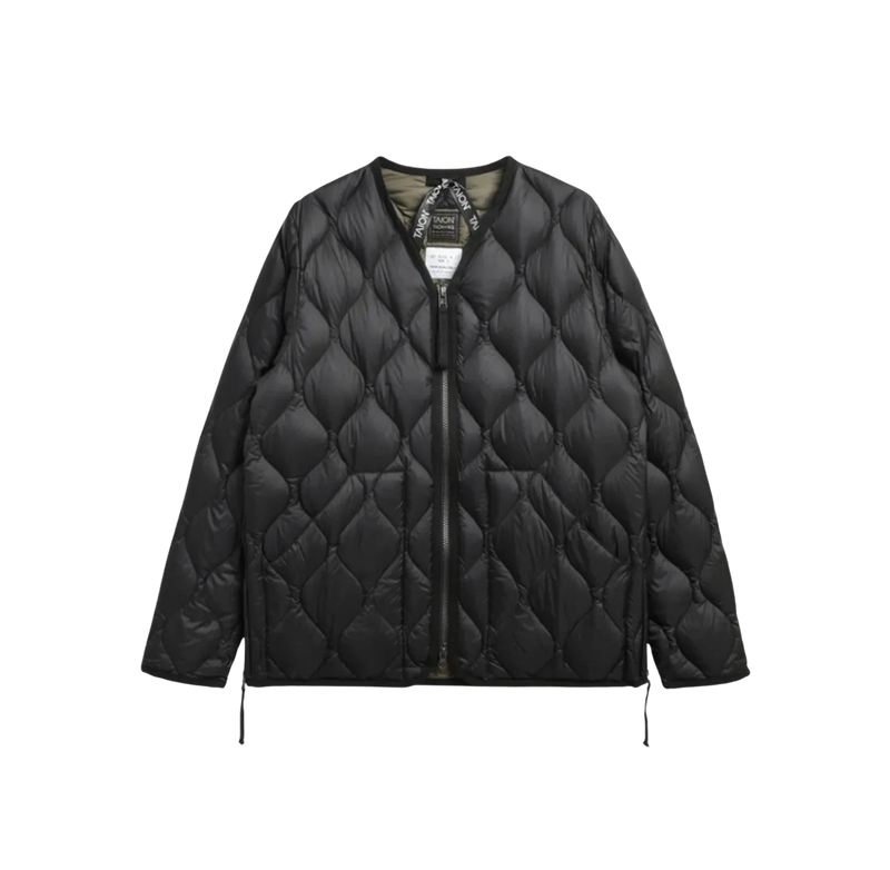Military W-Zip V Neck Down Jacket - Black