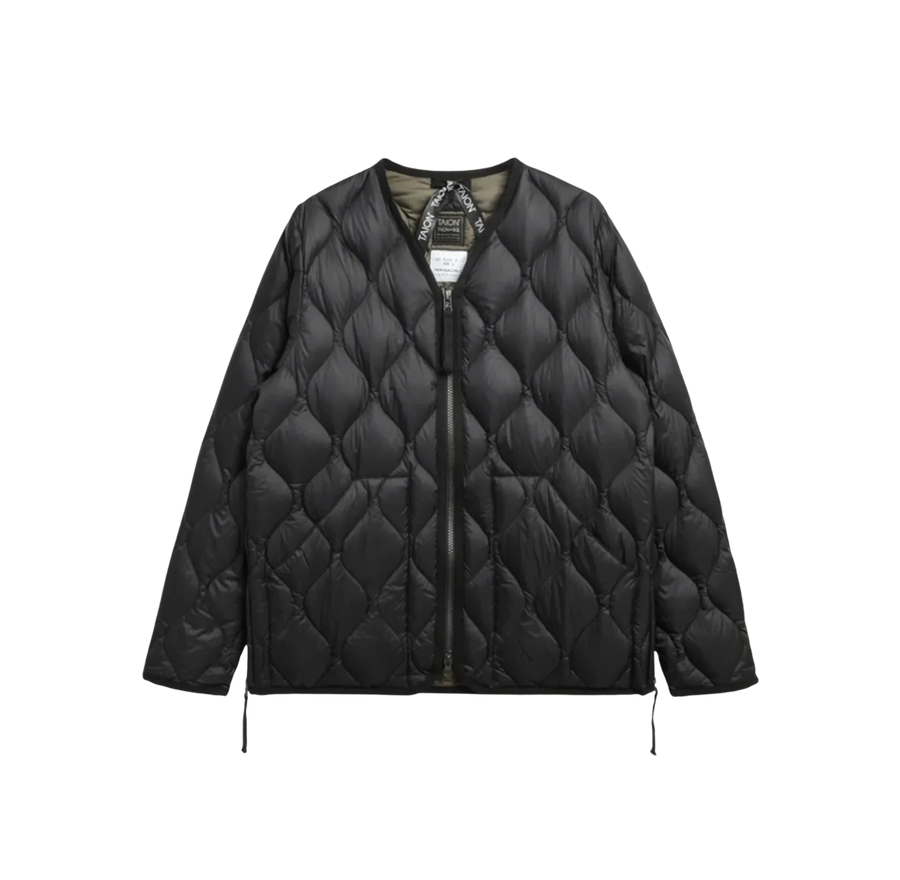Military W-Zip V Neck Down Jacket - Black