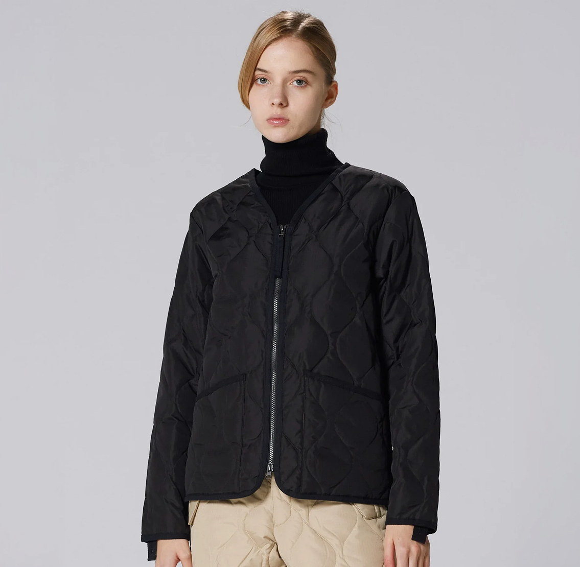 Military W-Zip V Neck Down Jacket - Black