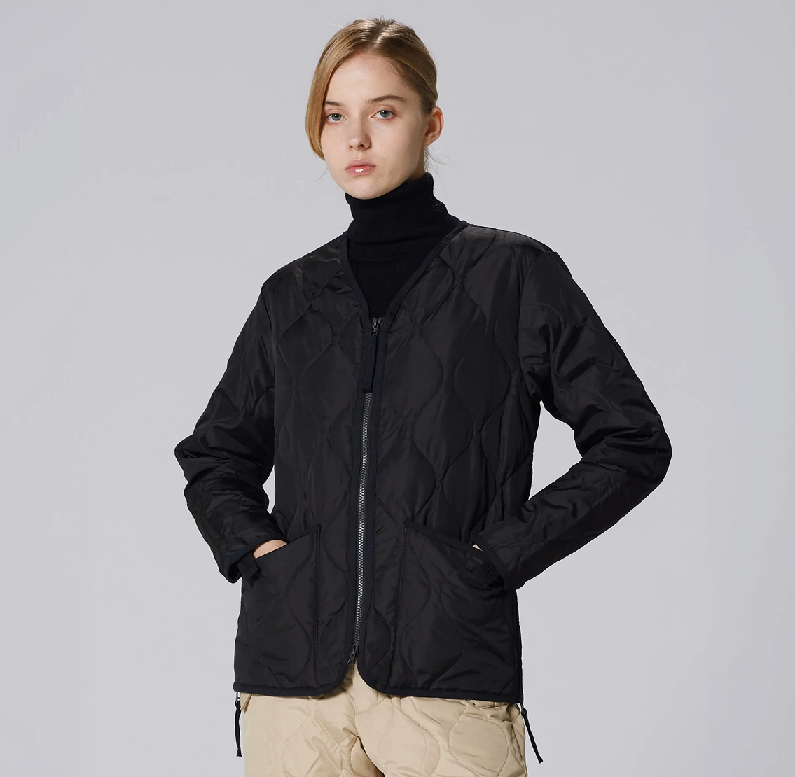 Military W-Zip V Neck Down Jacket - Black