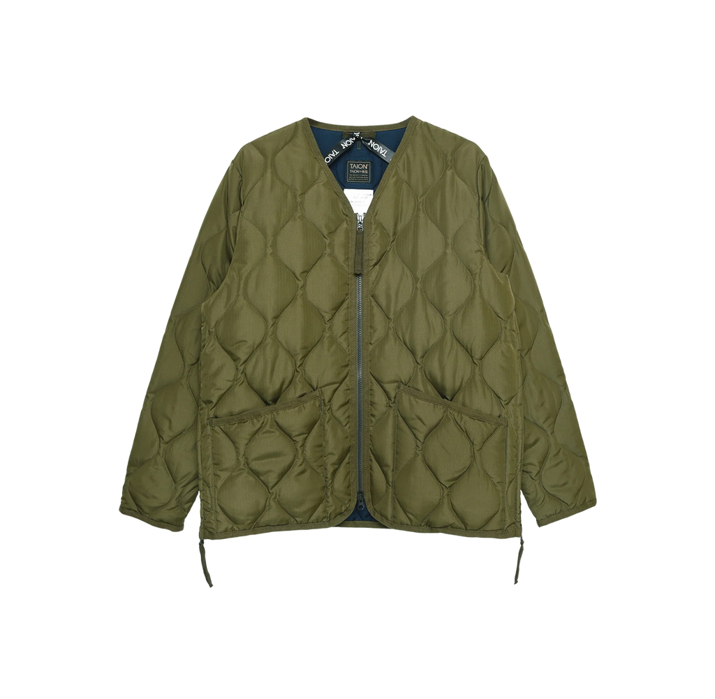 Military W-Zip V Neck Down Jacket - Dark Olive