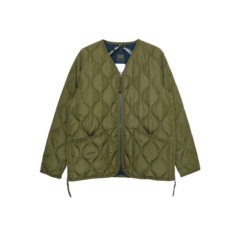 Military W-Zip V Neck Down Jacket - Dark Olive