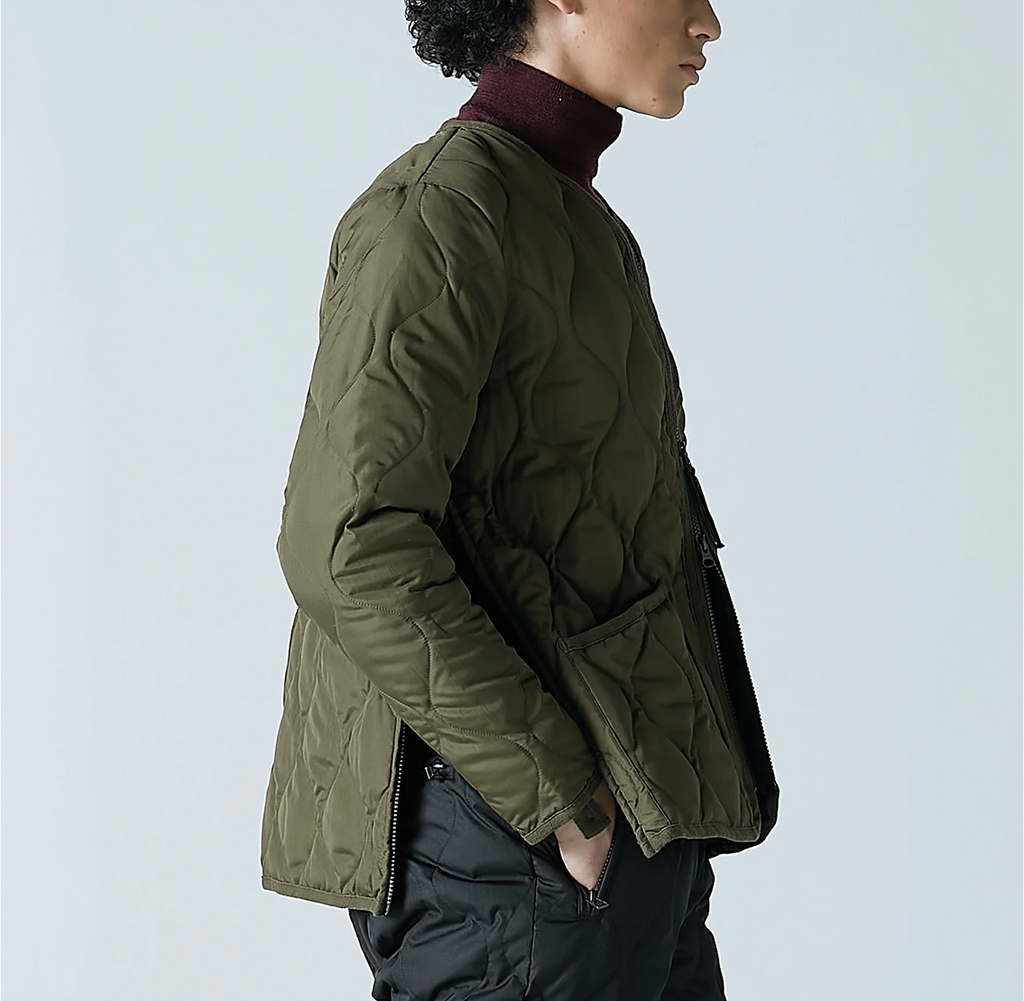 Military W-Zip V Neck Down Jacket - Dark Olive