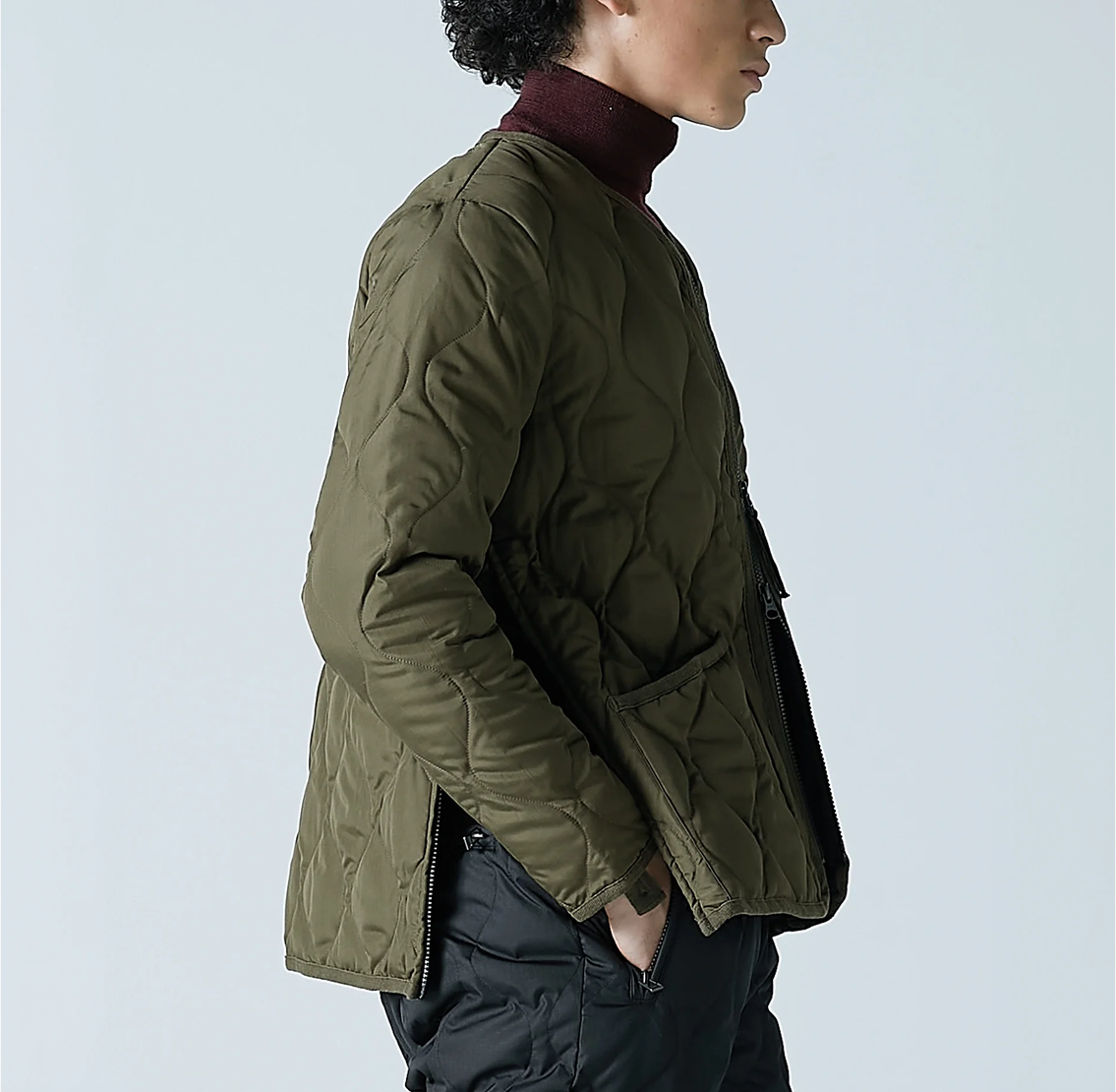 Military W-Zip V Neck Down Jacket - Dark Olive