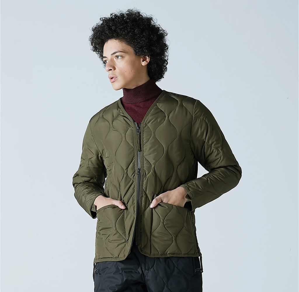 Military W-Zip V Neck Down Jacket - Dark Olive