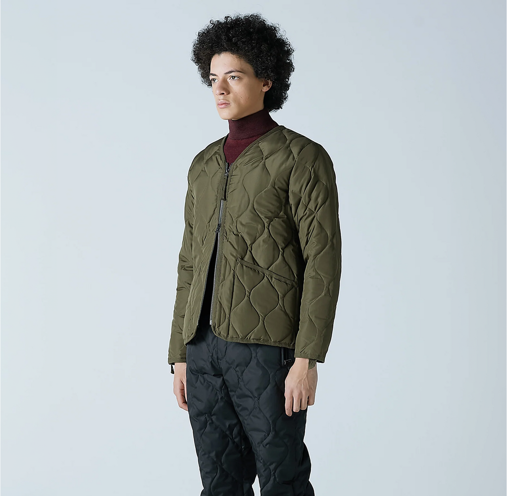 Military W-Zip V Neck Down Jacket - Dark Olive