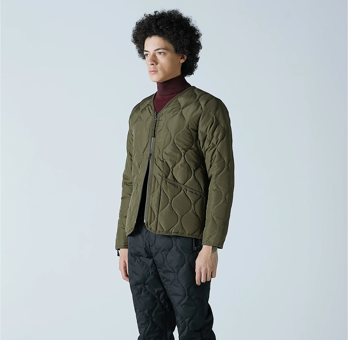 Military W-Zip V Neck Down Jacket - Dark Olive