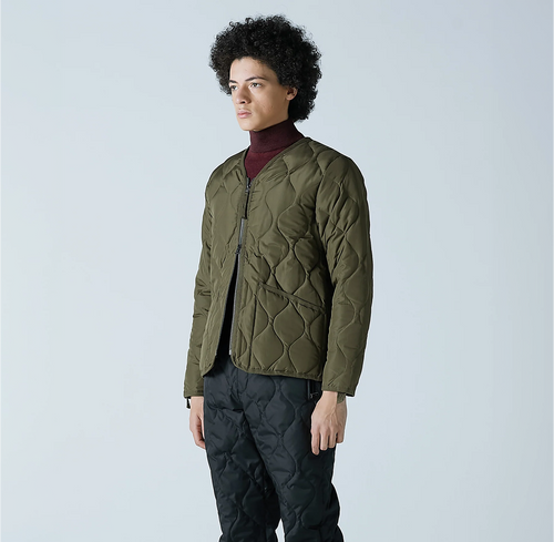 Military W-Zip V Neck Down Jacket - Dark Olive