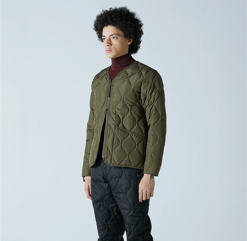 Military W-Zip V Neck Down Jacket - Dark Olive